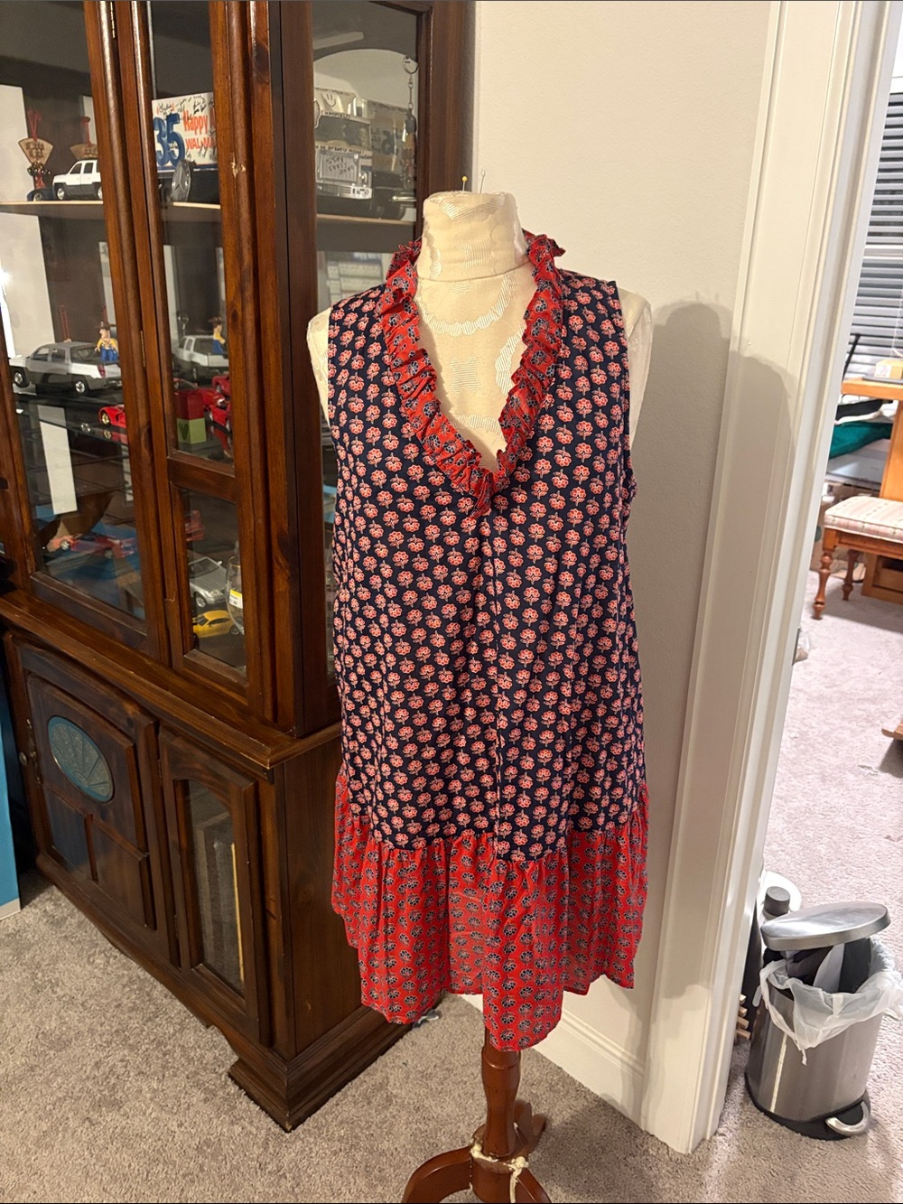 J. Crew Factory Navy and Red Floral Ruffle Sleeveless Dress